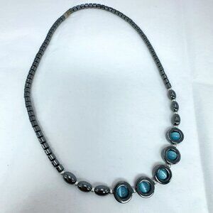 Hematite Beads Necklace with Blue Cat's Eye Stones 20 inches